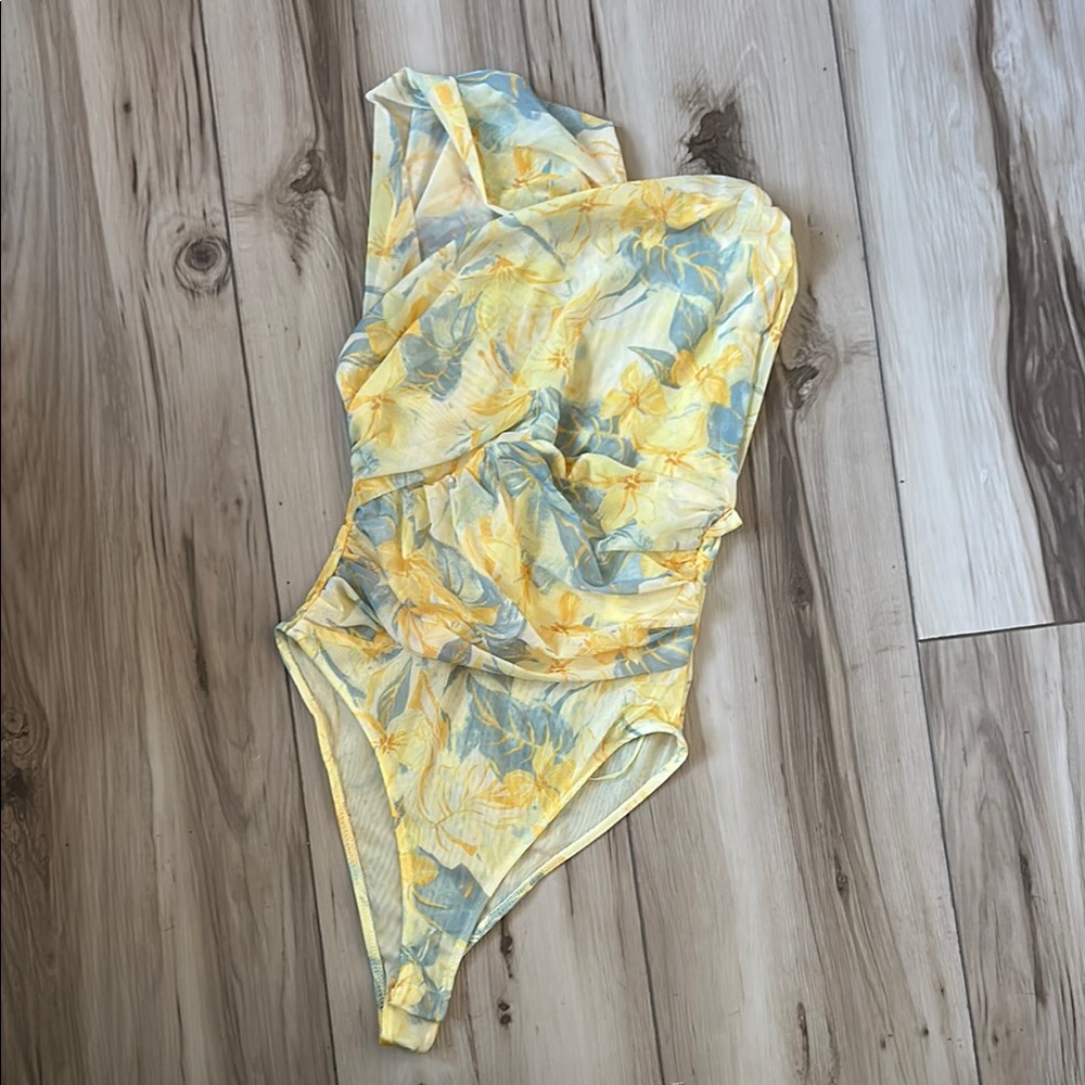 Zara Floral Yellow and Blue Blouse Bodysuit